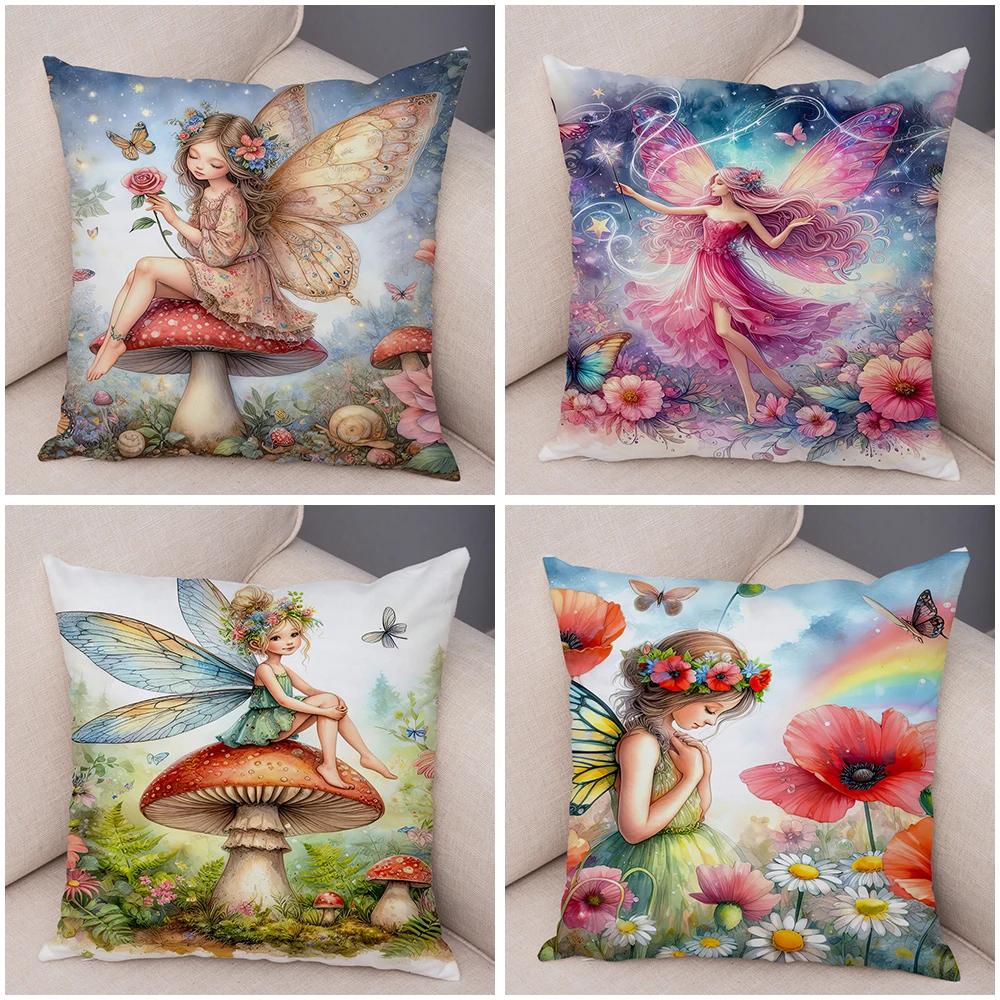 Niedlicher Cartoon Waldmädchen Elfen Kissenbezug Doppelseitig bedruckter Kissenbezug Deko für Sofa Zuhause Superweicher Plüsch Kissenbezug 40x40cm