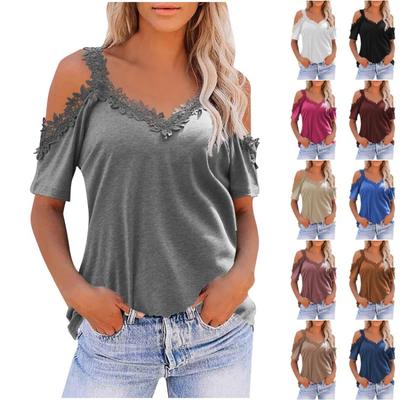 Moda Blusa Curta Solta com Decote V Feminina Costura Renda Alças Design Vazado