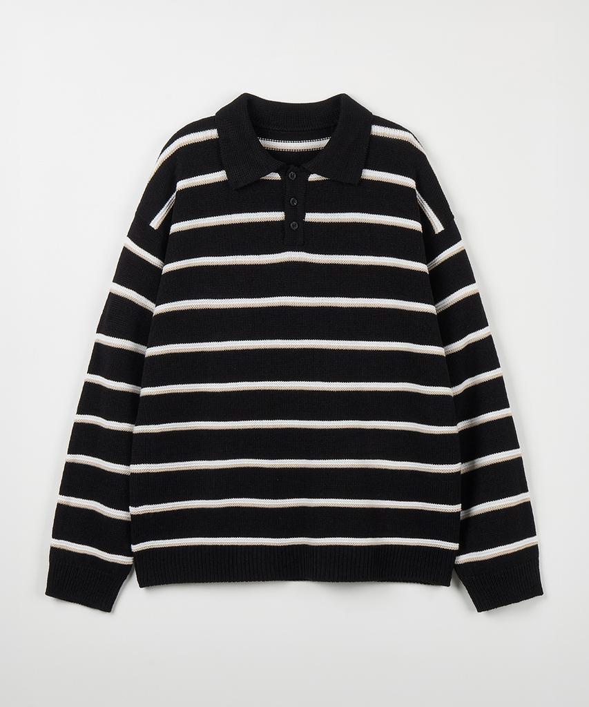 NODU Multi-Color Block Collared Stripe Knit T-Shirt [Black]