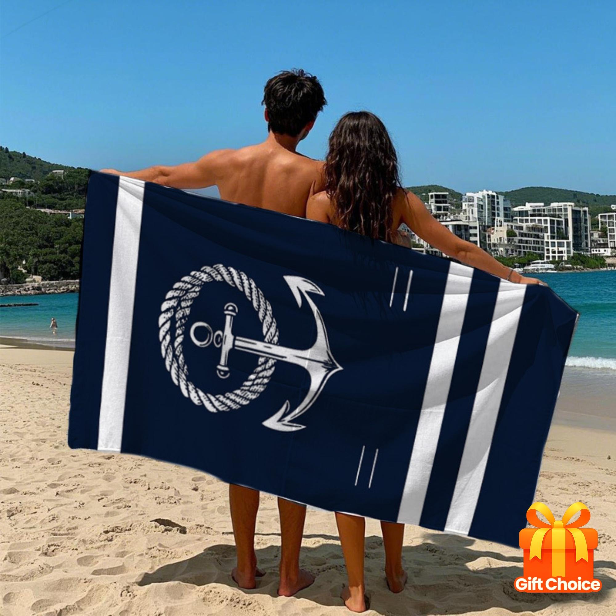 Jmg Household Supplies Blue Nautical Anchor Beach Towel 31.5X63 Inch, Navy Marine Life Print Microfiber Bath Towel, Ocean Decor Throw For Pool Party