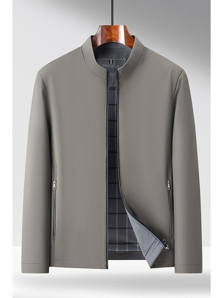 Men's Solid Color Stand Collar Zipper Jacket - Business Casual for Middle-aged and Elderly
