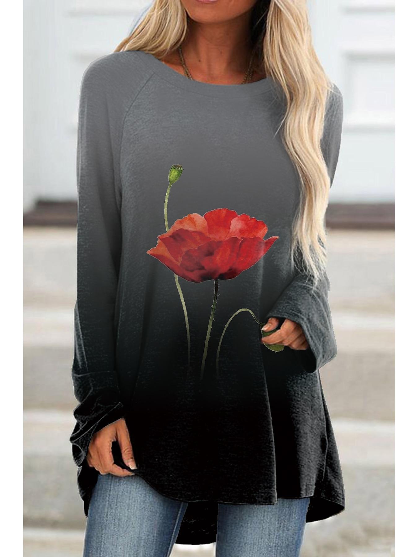 

Женская футболка больших размеров с цветочным принтом, удобная, с длинным рукавом и круглым вырезом, повседневная, свободного кроя, средней длины 8XL чёрный