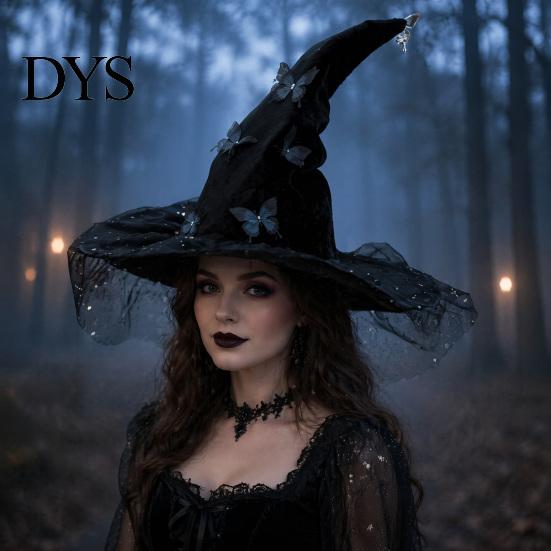 Witch Hat for Halloween Costume Women, Large Glitter Sequins Mesh Wizard Decorative Party Cosplay with Butterfly Accessory, Elegant Curved Brim