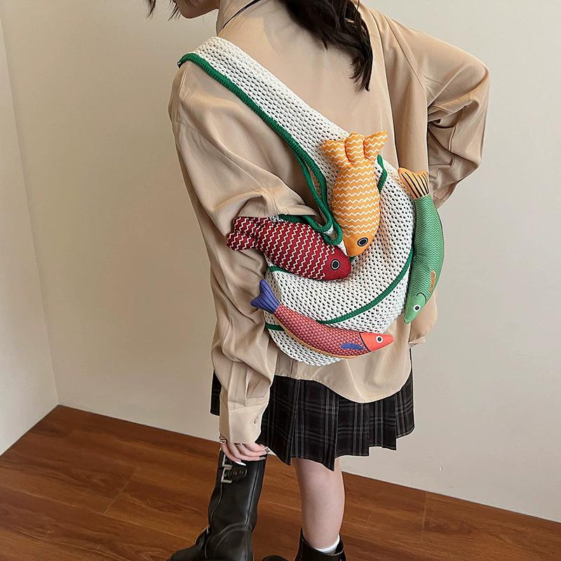 Fish Design Knitting Shoulder Bag Woven Hand Bag Beach Bag Holiday Travel Shopper Shopping Purse for Women