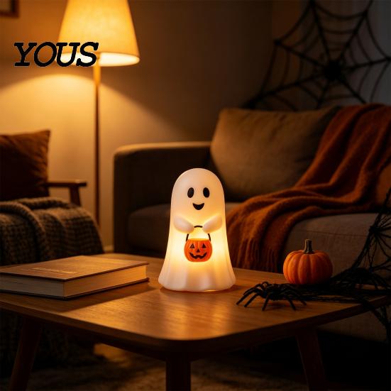Ghost Festival Party Favors Cute Holding Pumpkin Bucket Table Lamp, Halloween Spooky Bedside Atmosphere Supplies Small LED Night Light for Bedroom