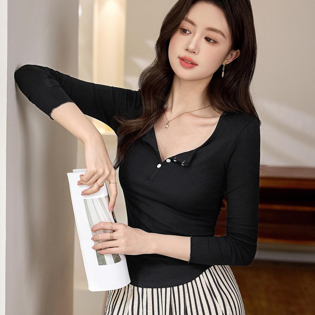 

Футболка из модального хлопка с полуоткрытым воротом и пуговицами, женская, с длинным рукавом, новая осенняя внутренняя рубашка 2XL