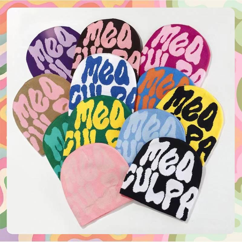 Mea Culpa Trendy Letter Print Beanies Knit  Hat Streetwear Cap Outfit Women Girl