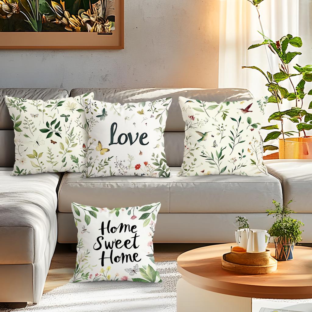 4 Pcs Country-Style Floral Plants Single-Sided Printed Pillowcase Cushion Cover,Suitable For Living Room,Bedroom,Car Decoration