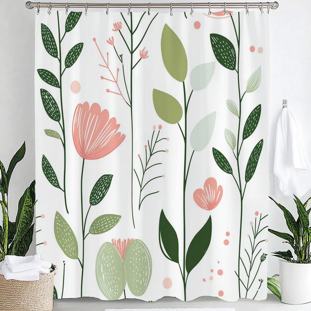 1pc Simple style Leaves Print Polyester Shower Curtain Bathroom Decoration Curtain,Hanging Curtain With Hooks Machine Washable