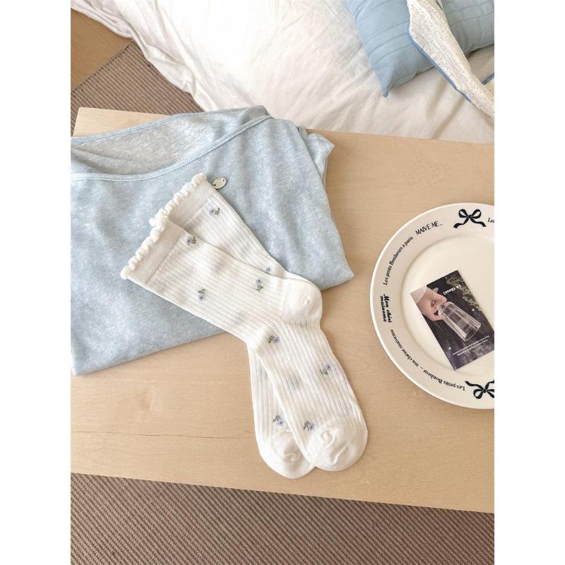 Summer Lightweight Bow Tie Women's Blue Color Pile-up Stockings with Hollowed-out Small Floral Patterns and Mid-length Socks with An Academic Style