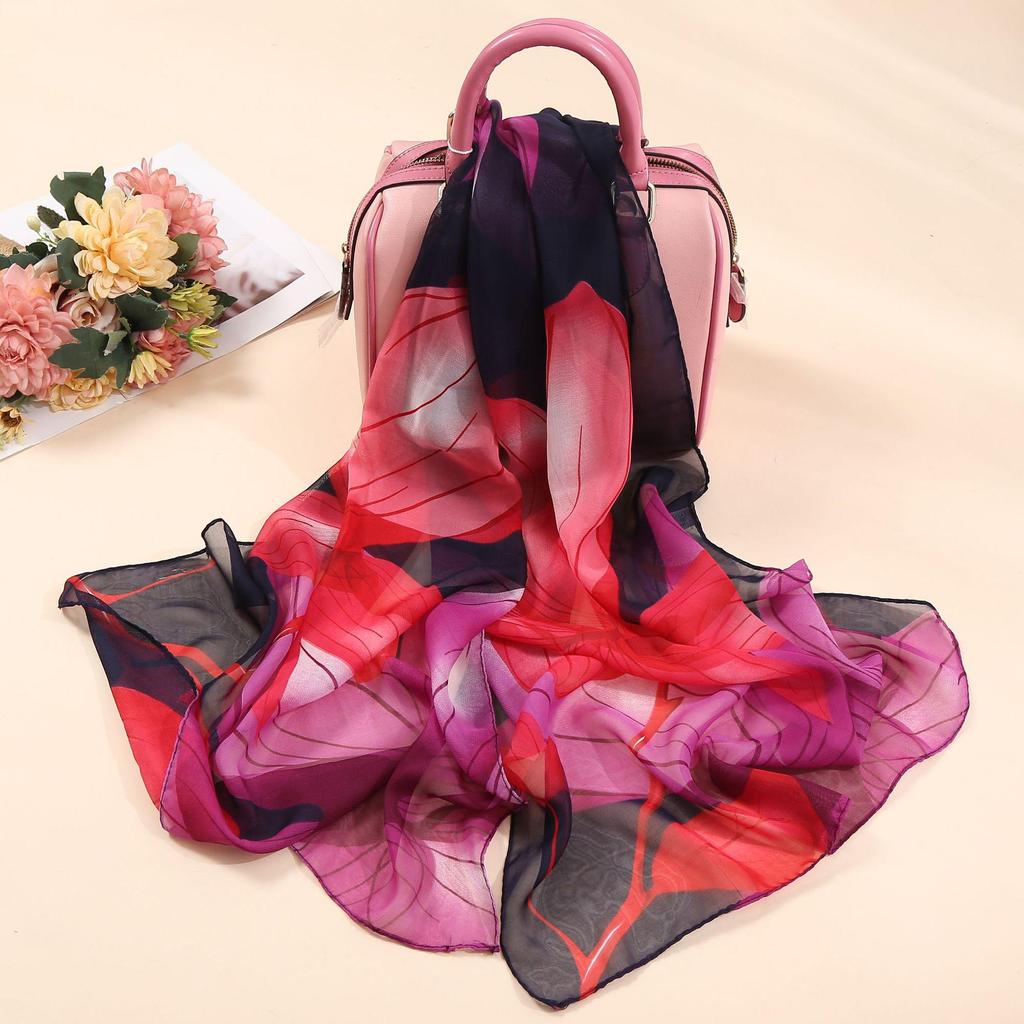 Chiffon Lotus Print Long Scarf - Lightweight, Thin Spring/Autumn Silk Accessory for Middle-Aged & Elderly