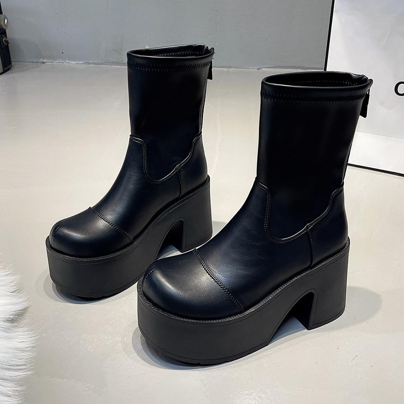 Mode 9CM Hohe Klobige Stiefel Mode Schnürung Dick Absatz Dicke Sohle Motorradstiefel Wasserdichte Plateau Hinterer Reißverschluss Damenschuhe