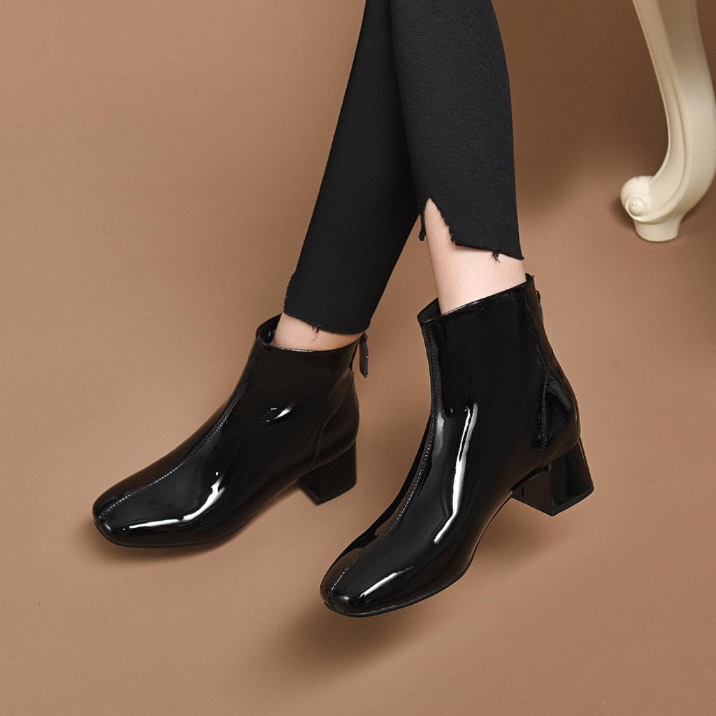 Mode Stiefel neuer eckiger Kopf schlichtes Temperament Reißverschluss hinten eckiger Absatz mittlerer Absatz Damenstiefel Kuhlackleder kleine nackte Stiefel