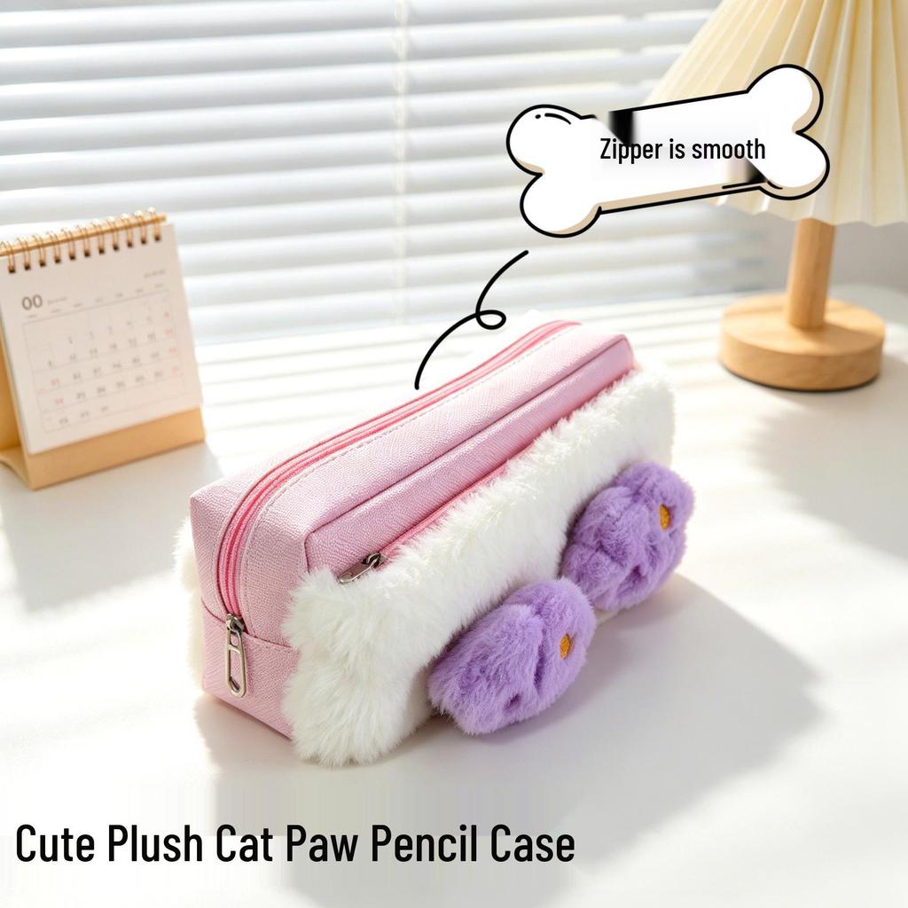 Plush Cat Paw Pencil Case - Cute, Soft, Large Capacity Stationery Bag for Students