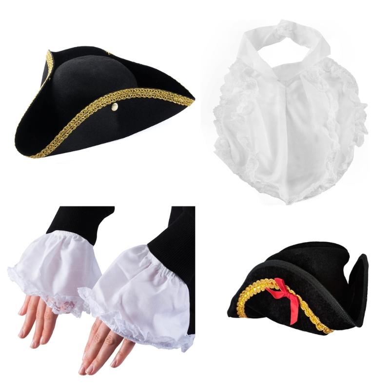 Black Pirate Hat Colonial Tricorn Hat with Gold Trimming White Cuffs Apron Set Halloween Costume Hat Funny Party Hat
