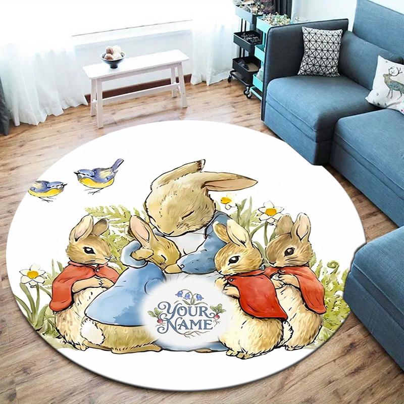 Easter Bunny Picnic Custom Name Round Area Rug Carpet Rug For Living Room Bedroom Sofa Playroom Decor Nonslip Floor Mat
