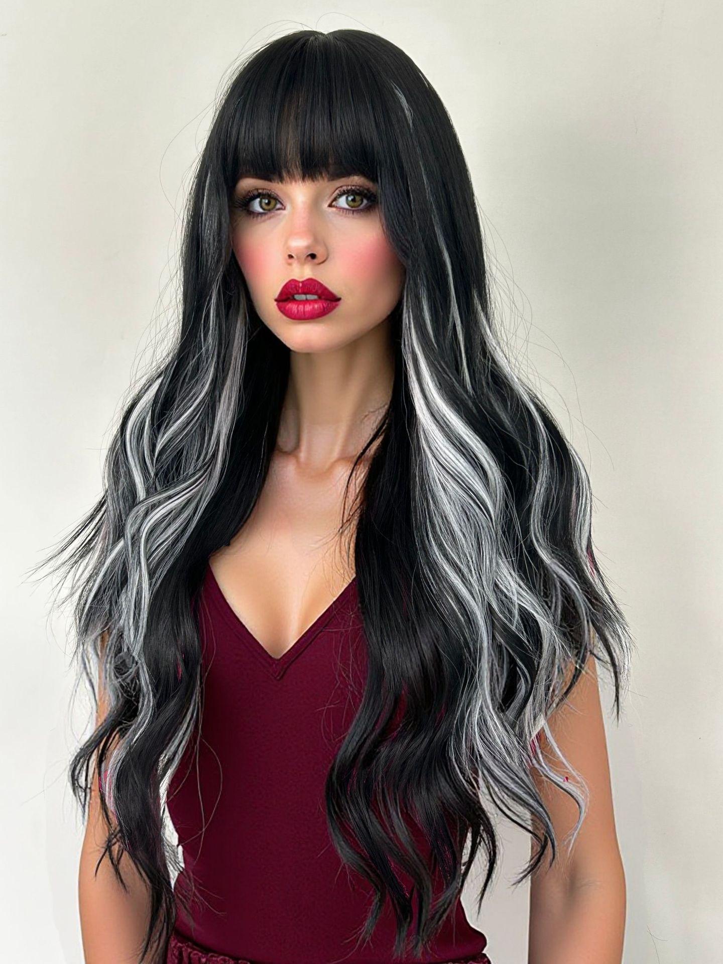

Black And White Spotted Long Curly Hair Synthetic Wig Large Wave Daily Holiday Party Halloween Matching Wig Headgear
