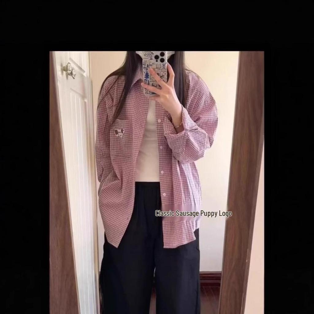 2025 Spring/Summer Women's Embroidered Plaid Shirt: Trendy Loose Layering Jacket