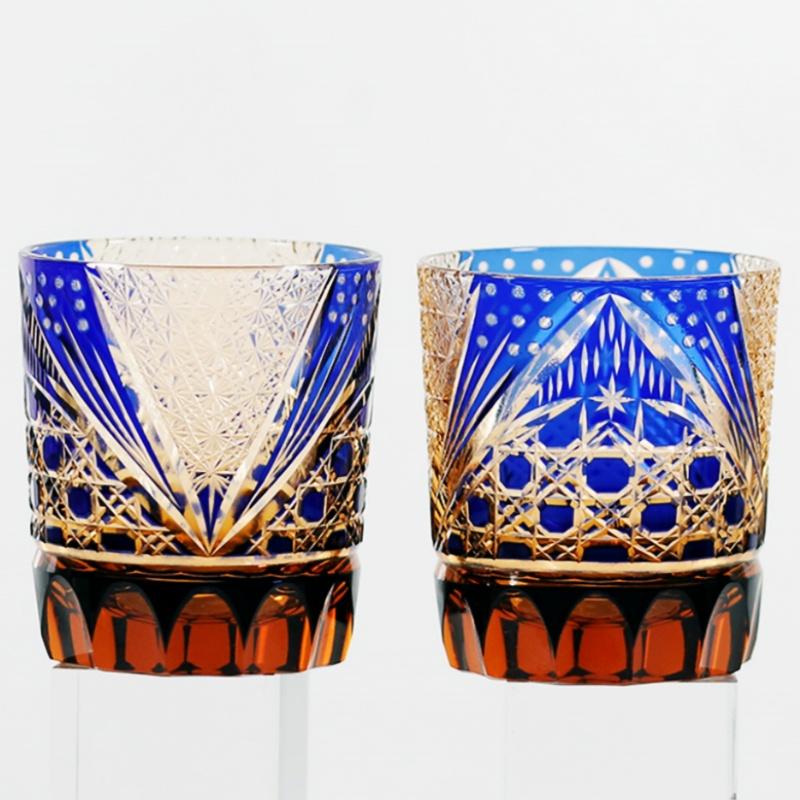8.5 Oz Luxury Blue Amber Rocks Glass Edo Kiriko Straight Whisky Tumbler Hand Engraved Octagonal Basket Weave With Gift Box