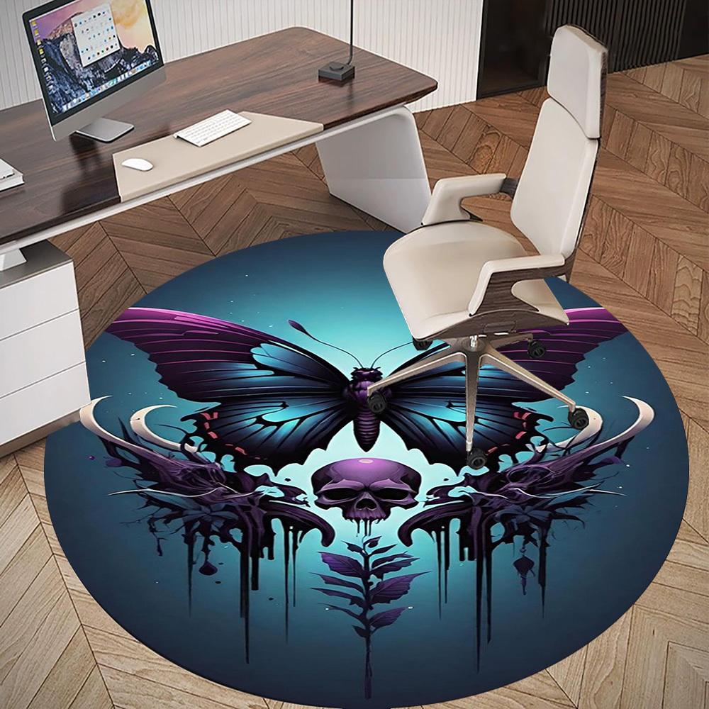 1PC Butterfly Skull Gothic Round Chair Mat Area Rug - Non-Slip, Floor Mat for Office, Bedroom, Home Decor Christmas Gift C0528060