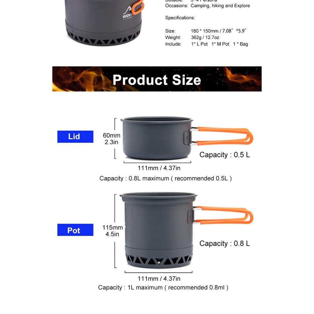Outdoor Camping Pot 1.3L 2.3L Cookware Outdoor Cooking Kettle Set Heat Cooker Travel Tableware Tourist Kitchen Utensil Equipment