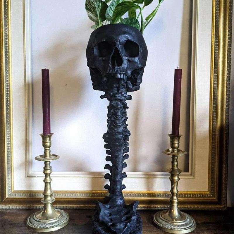 A96I-Resin Skull Planter & Spine Stand Set, Polyresin Skulls Pot, Halloween Decoration Retro Human Skull Head Flower