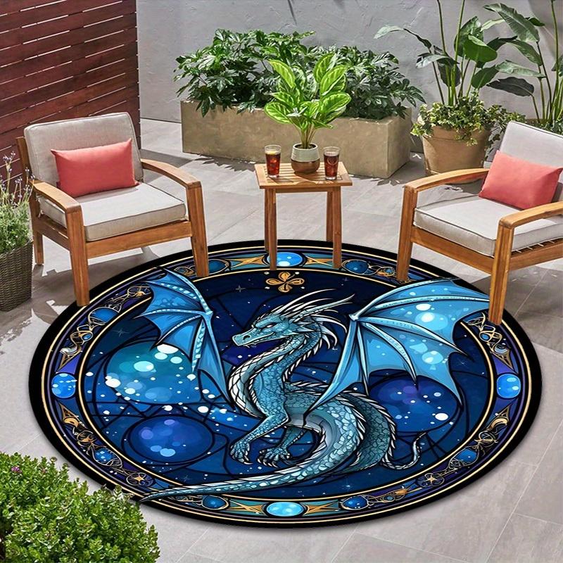 Mystical Blue Dragon Round Rug, Intricate Celestial Pattern Indoor Outdoor Carpet for Camping Porch Balcony RV Durable Mat
