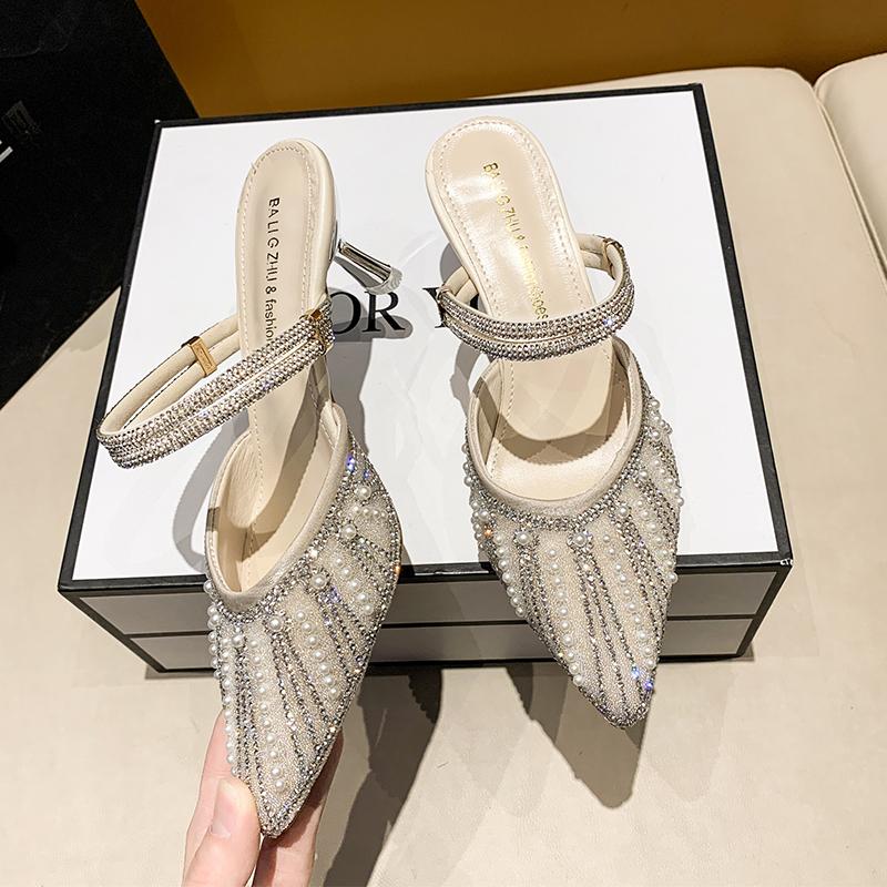 Fashion 2025 Sandals Female Pearl Rhinestone High Heels New Female Two Wear Fairy Wind French Temperament Baotou Fashion Slippers