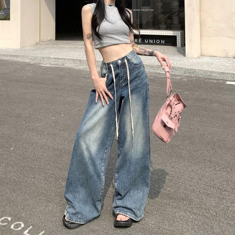 Relaxed Fit High Waist Wide Leg Denim Pants Women Washed Cotton-Like Straight Trousers With Drawstring Small