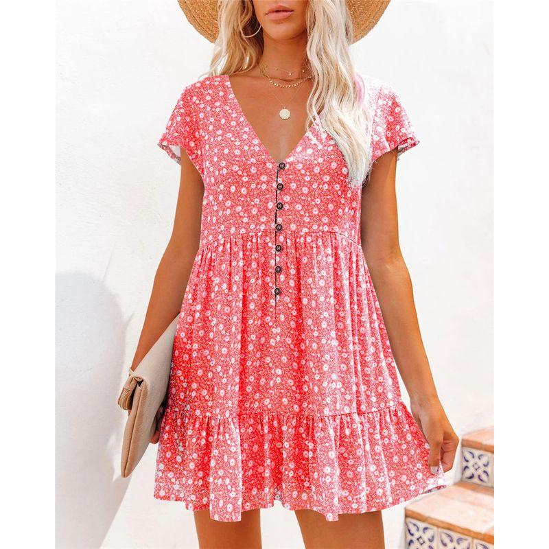 

Europe and America Cross Border Export High-Waist Casual Short-Sleeve Dress Red 2XL