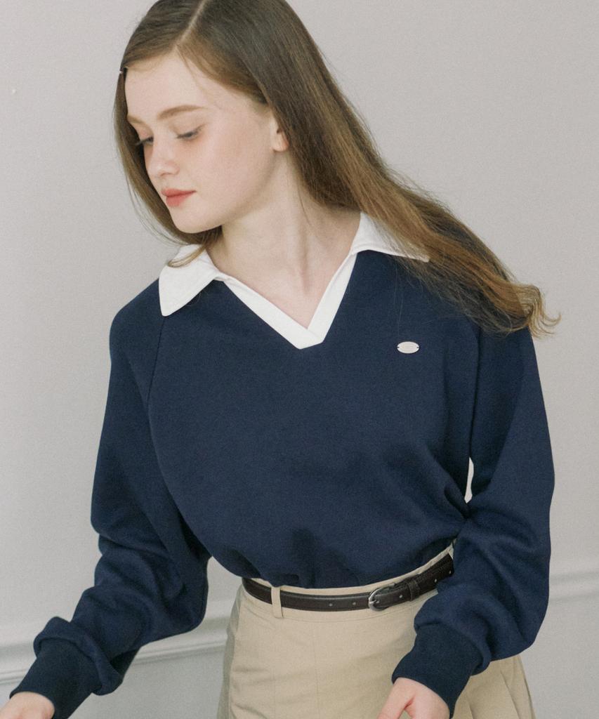 OURHOPE Pique Open Collar Sweatshirt - Navy