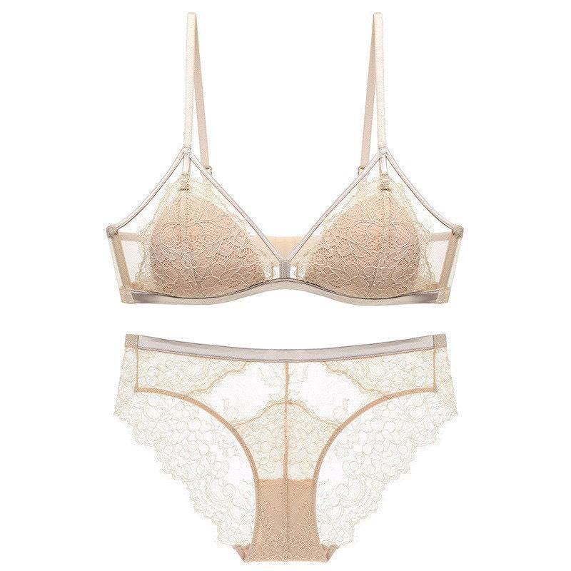 Elegant French Lace Triangle Bralette and Panty Set - Wire-Free, Thin Style for a Flattering Fit
