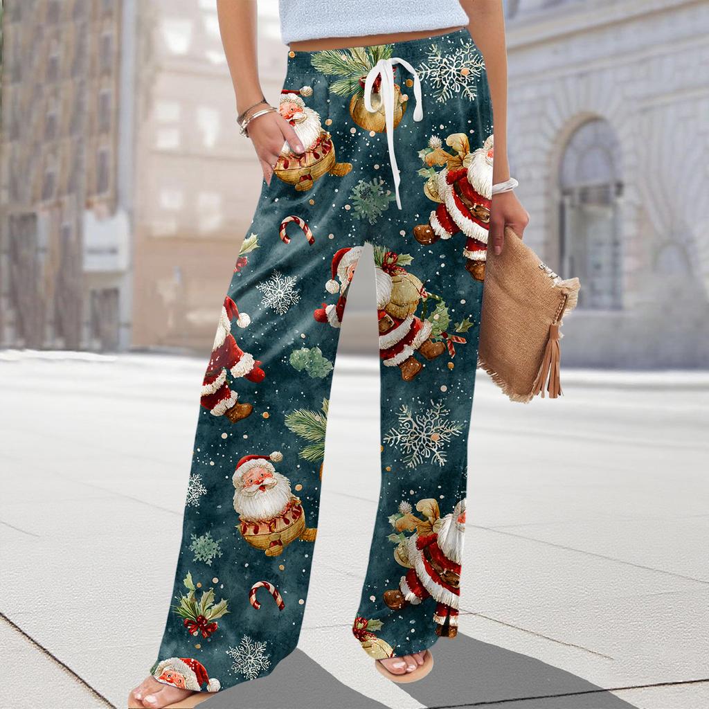 Ladies' Loose And Casual Christmas Printed Wide Leg Pants With Elastic Waistband Drawstring And Pocket Pants