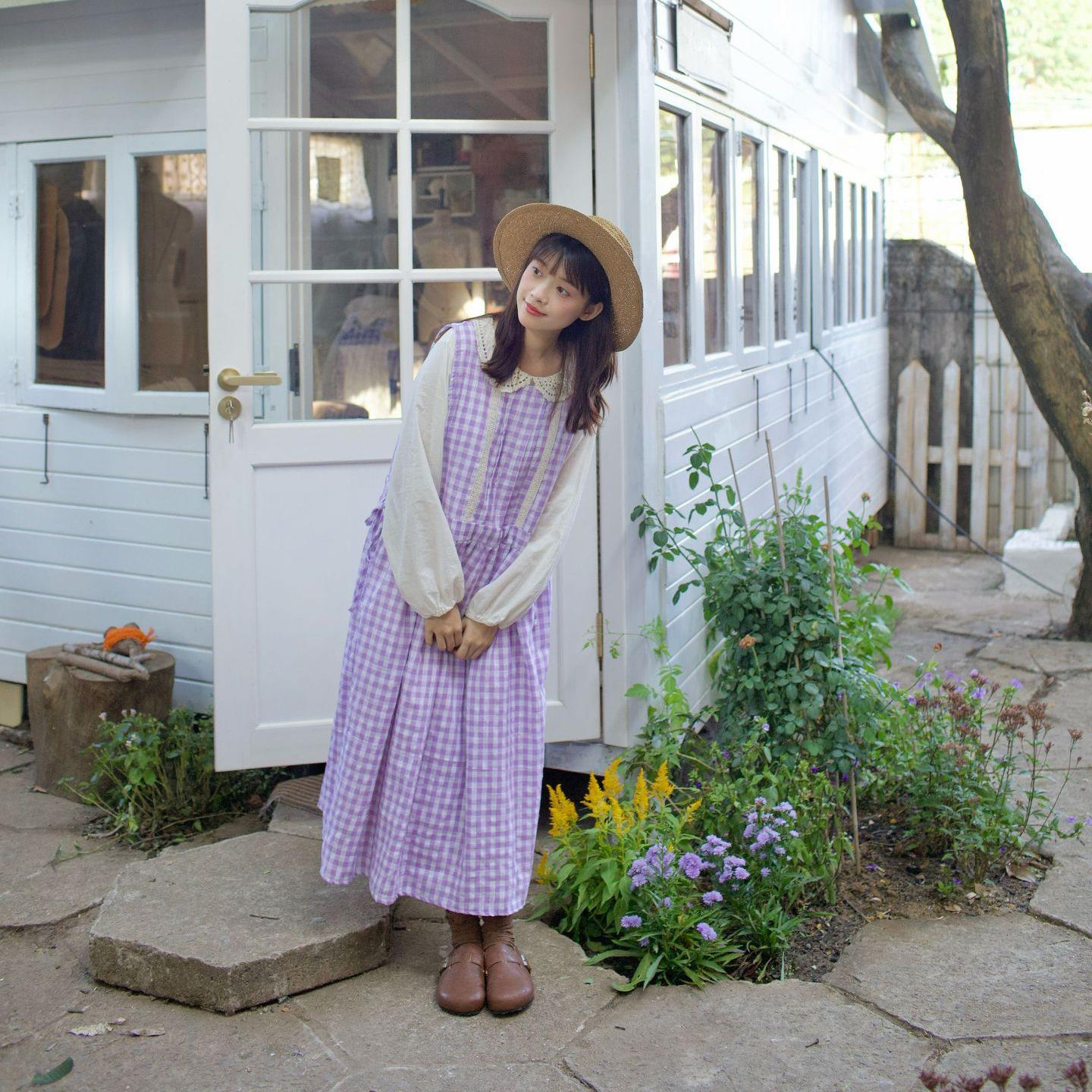 

Johnature Mori Women Plaid Sleeveless Dress Casual All Math Loose Layering Lace-up Waist Spring Women Dresses One Size фиолетовый