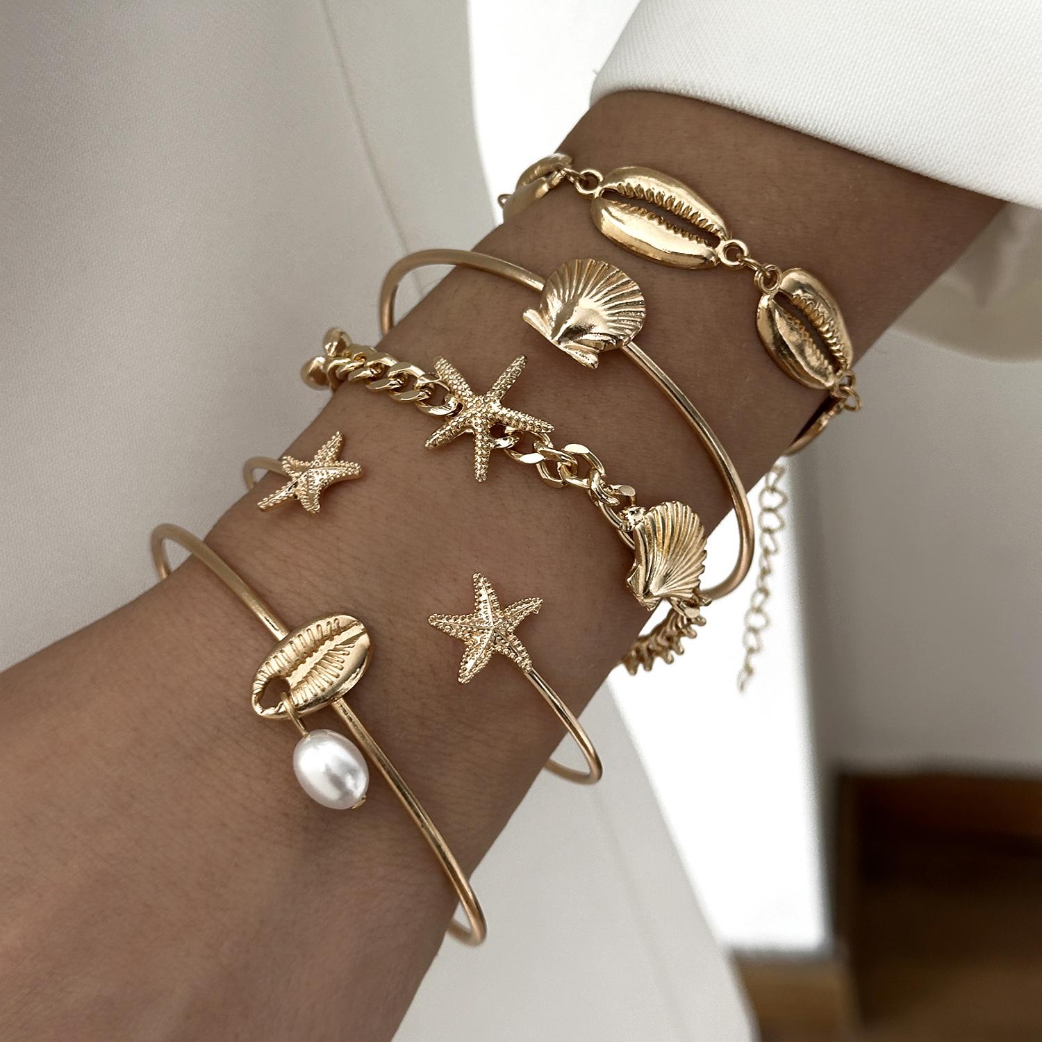 

5Pcs/Set Bohemian Beach Shell Conch Scallop Bracelets for Women Gold Plated Starfish Pearl Bangle Set Summer Vacation Zircon