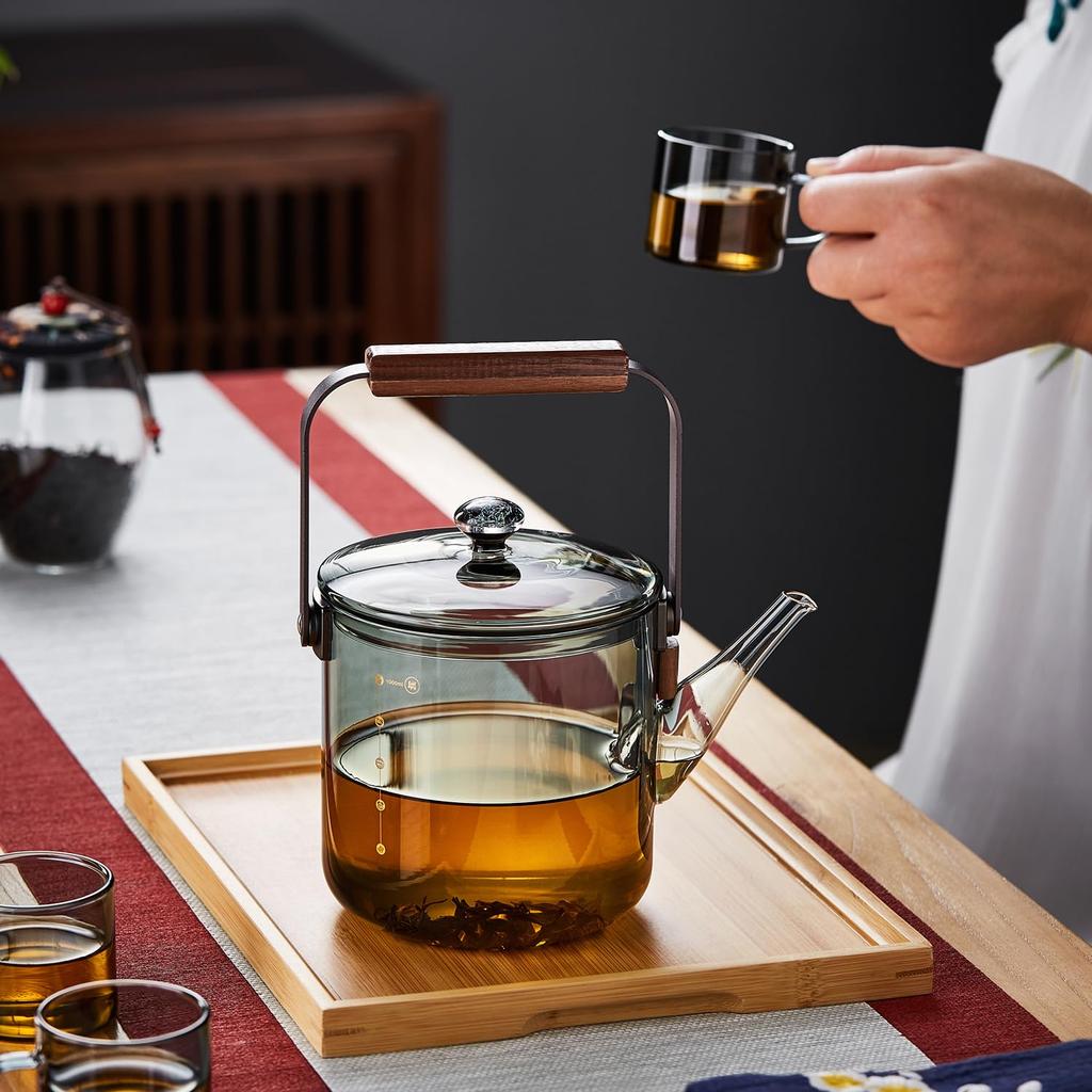 Pokaro Tea Glass Design with Wooden Transparent Teapot for Black Green Craft and Herbal Perfect for Hot Water and Gifts Heat-Resistant Teapot, 1100ml,