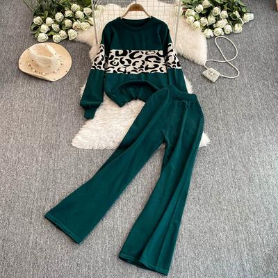 Herbst Winter Designer Print Leopard Strickpullover Hose Zweiteiler Set Damen O-Ausschnitt Pullover Tops und Knöchellange Hose Anzug