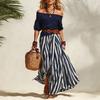 Conjunto Náutico para Vacaciones con Top de Hombros Descubiertos y Falda Larga con Abertura para Mujer