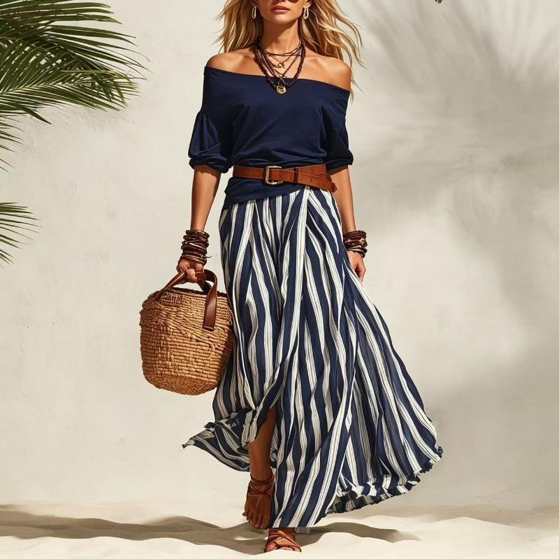 Conjunto Náutico para Vacaciones con Top de Hombros Descubiertos y Falda Larga con Abertura para Mujer