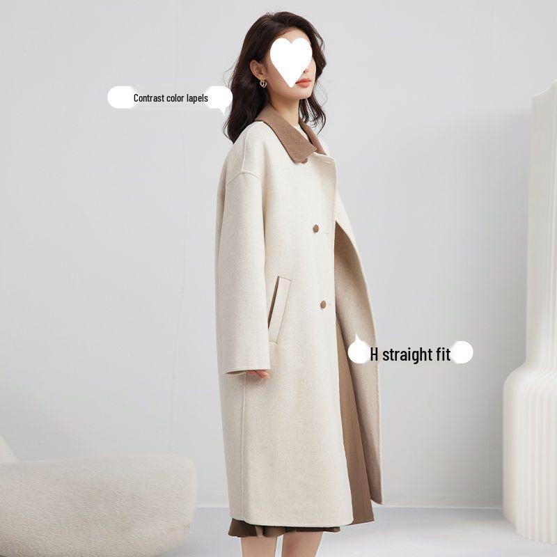 Women's Elegant Beige Woolen Mid-Length Coat, 2025 Winter French Casual, Petite Plus, Thick Outerwear