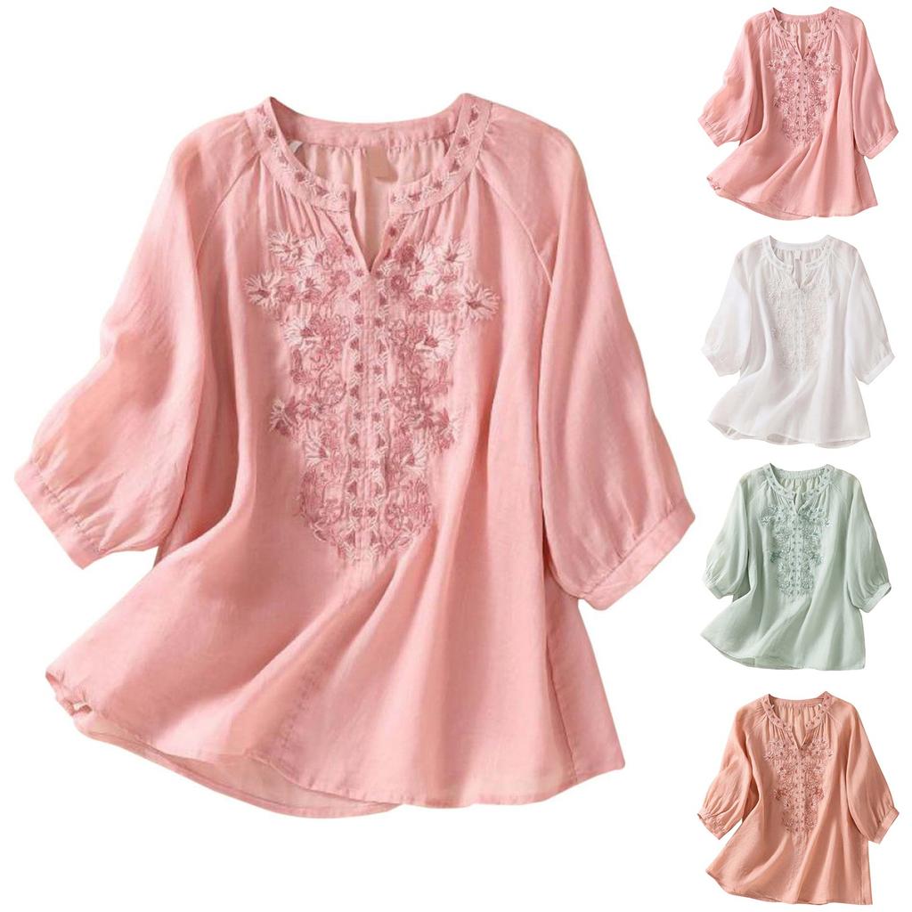 Women's Solid Color Three Quarter Sleeve Cotton And Linen Embroidered Retro Half Open Collar Top