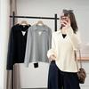 2026 Spring Plus Size Women's Long Sleeve Color Block 2-in-1 Cotton T-Shirt Slimming Top