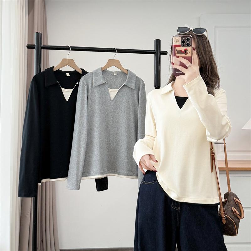 2026 Spring Plus Size Women's Long Sleeve Color Block 2-in-1 Cotton T-Shirt Slimming Top