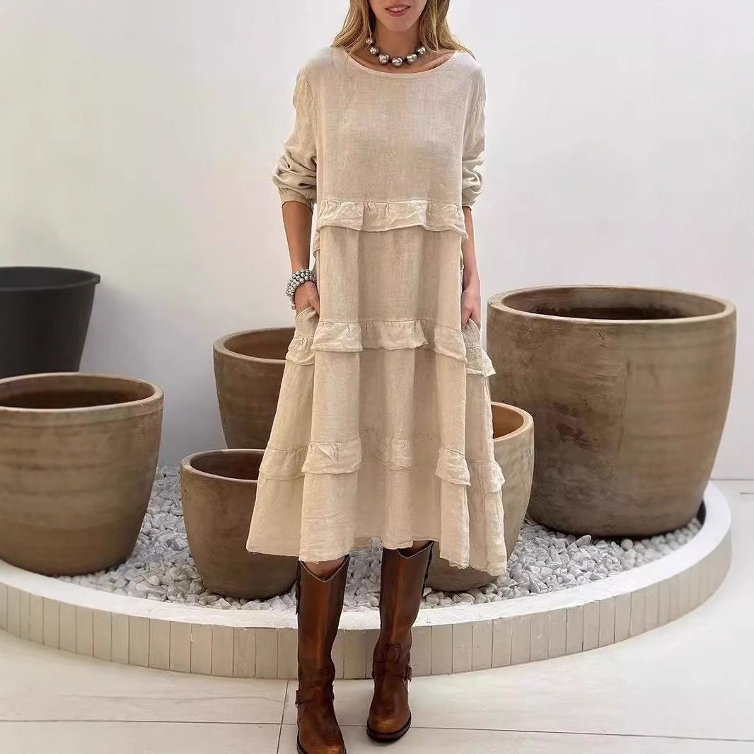 

2025 Spring/Summer Women s Long-Sleeved Patchwork Round Neck Ruffle Dress M