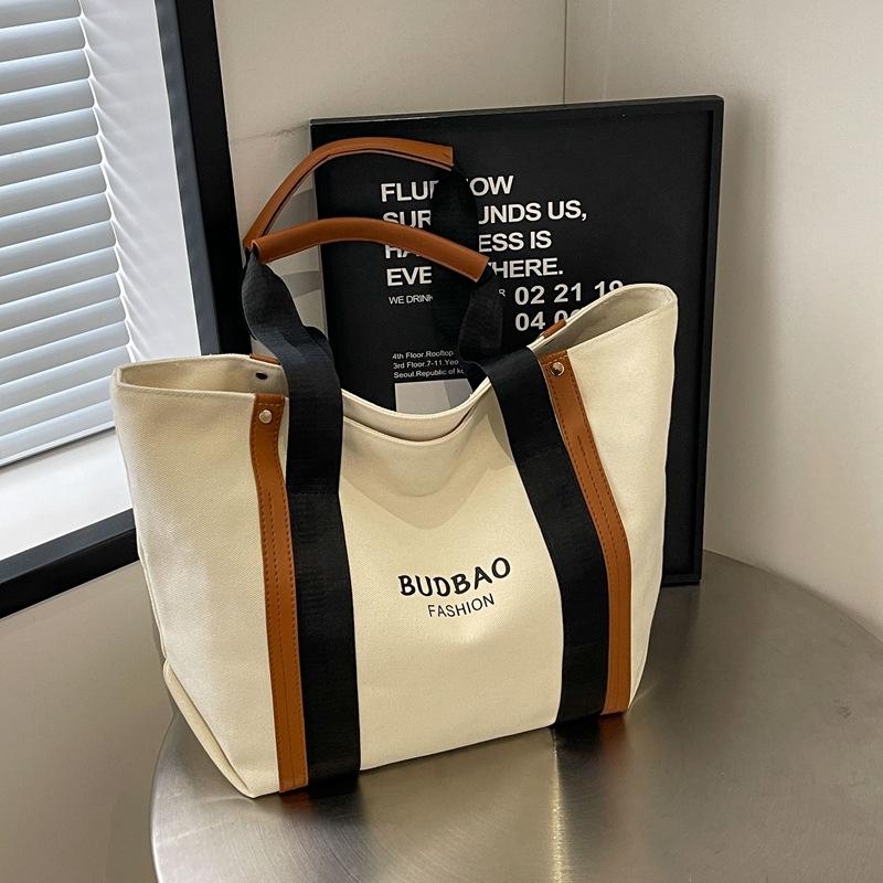 Schoolbag Women's Black Large Capacity Striped Contrast Canvas Bag Fashion Trendy Shoulder Bag Leisure Student Commuter Portable Tote Bag