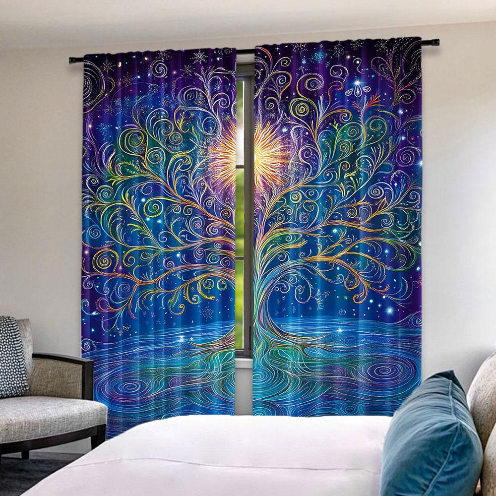 2Pcs Vintage Curtain Tree Of Life With Floral Style Artwork Meditation Peace Design Suitable For Bedroom Bathroom Living Room