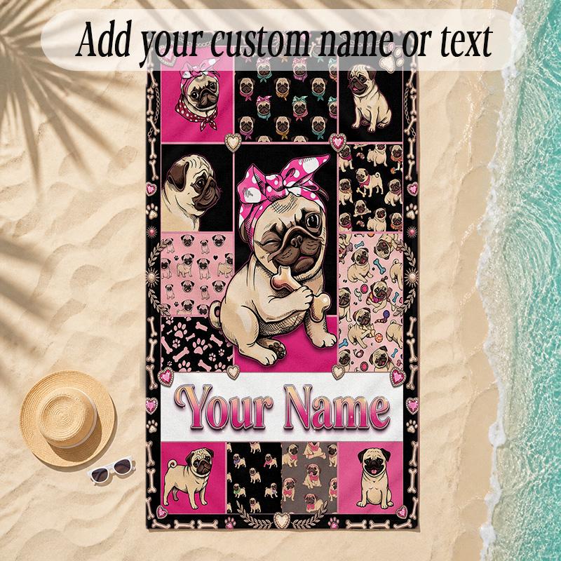 Pug Theme Soft Beach Towel Personalized Custom Name Text Towel Portable for Beach Pool Travel