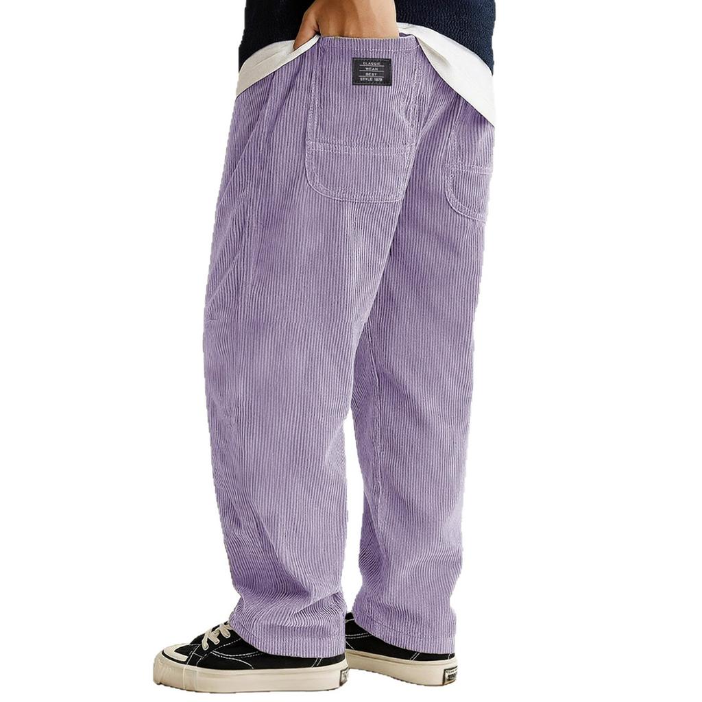 Mens Corduroy Loose Fit Trousers Straight Leg Casual Pants With Patch Pockets And Elastic Waistband For Daily Wear