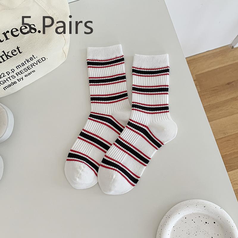 5 Pairs of Children's Striped Seamless Women's Mid-length Pure Color Loose Round-bottom Maternity Socks Suitable for All Seasons