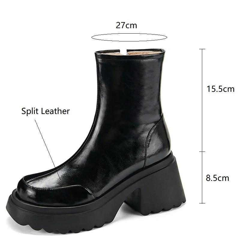 Fashion 2025 Split Leather High Heels Winter Warm Wool Boots Women Boots Round Toe Chunky Heel Platform Boots for Women Zapatos De Mujer